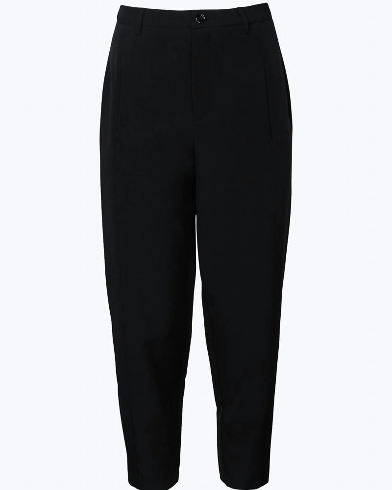 Front of a model wearing a size L Radish High-Rise Balloon Tapered Pants in Black in Black by studio m. | dia_product_style_image_id:346068